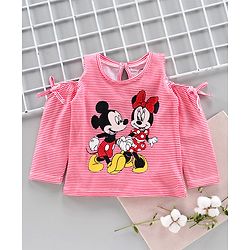 Babyhug Full Sleeves Cold Shoulder Top Minnie Mouse Print - Peach