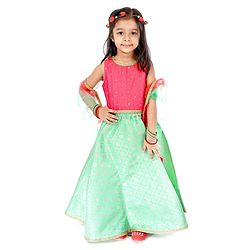 Babyhug Sleeveless Lehenga Set with Brocade Work - Pink Blue