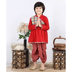 Babyhug Angarkha Style Kurta & Bandhani Dhoti Mirror Detail - Red