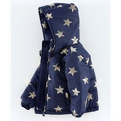 Babyhug Full Sleeves Hooded Padded Jacket Star Print - Navy Blue