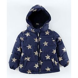 Babyhug Full Sleeves Hooded Padded Jacket Star Print - Navy Blue