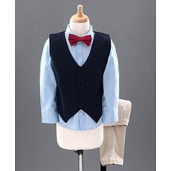 Babyhug 3 Piece Full Sleeves Party Suit With Bow - Beige Blue