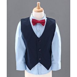 Babyhug 3 Piece Full Sleeves Party Suit With Bow - Beige Blue