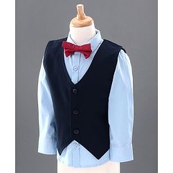 Babyhug 3 Piece Full Sleeves Party Suit With Bow - Beige Blue