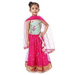 Babyhug Singlet Sleeves Choli and Lehenga with Net Dupatta Floral Embroidery - Green Pink