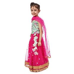 Babyhug Singlet Sleeves Choli and Lehenga with Net Dupatta Floral Embroidery - Green Pink