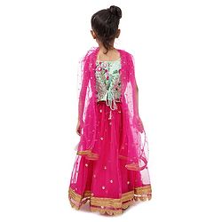 Babyhug Singlet Sleeves Choli and Lehenga with Net Dupatta Floral Embroidery - Green Pink