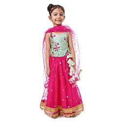 Babyhug Singlet Sleeves Choli and Lehenga with Net Dupatta Floral Embroidery - Green Pink