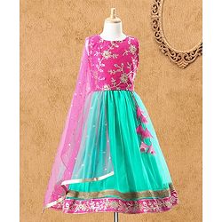 Babyhug Sleeveless Embroidered Choli Lehenga & Dupatta Set - Fuchsia Pink & Green