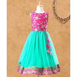 Babyhug Sleeveless Embroidered Choli Lehenga & Dupatta Set - Fuchsia Pink & Green