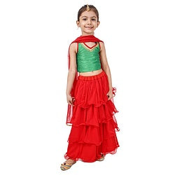 Babyhug Sleeveless Choli & Layered Lehenga With Dupatta Sequin Detailing - Green Maroon