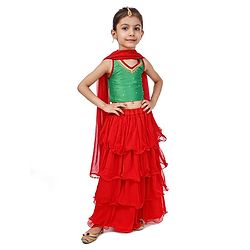 Babyhug Sleeveless Choli & Layered Lehenga With Dupatta Sequin Detailing - Green Maroon