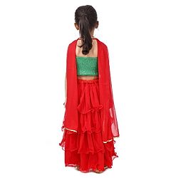 Babyhug Sleeveless Choli & Layered Lehenga With Dupatta Sequin Detailing - Green Maroon