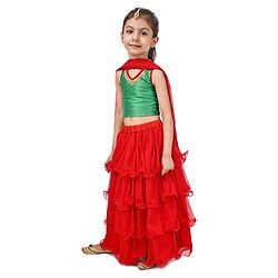 Babyhug Sleeveless Choli & Layered Lehenga With Dupatta Sequin Detailing - Green Maroon