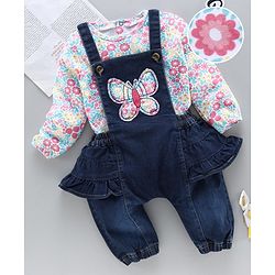 Babyhug Dungaree With Full Sleeves Inner T-Shirt Floral Print - Pink Blue