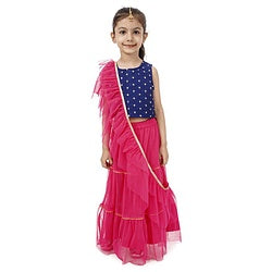 Babyhug Sleeveless Embroidered Choli & Lehenga with Dupatta - Pink Blue