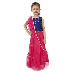 Babyhug Sleeveless Embroidered Choli & Lehenga with Dupatta - Pink Blue