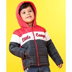 Babyhug Full Sleeves Hooded Padded Jacket Little Camper Patch - Red White Navy Blue