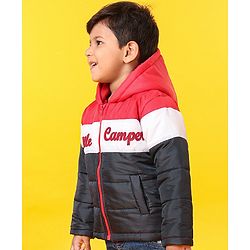 Babyhug Full Sleeves Hooded Padded Jacket Little Camper Patch - Red White Navy Blue
