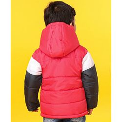 Babyhug Full Sleeves Hooded Padded Jacket Little Camper Patch - Red White Navy Blue