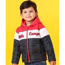 Babyhug Full Sleeves Hooded Padded Jacket Little Camper Patch - Red White Navy Blue