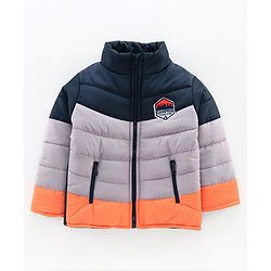 Babyhug Full Sleeves Padded Jacket Camping Patch - Navy Grey
