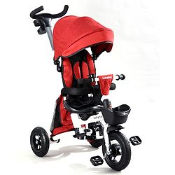 Babyhug Prodigy Plug & Play 7 in 1 Stroller Trike with Foldable Frame|360° Rotatable Seat|Rubber Wheels with Brakes|Parental Handle with Canopy|Storage Basket with Bell for Boys & Girls - Red