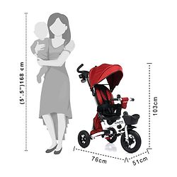 Babyhug Prodigy Plug & Play 7 in 1 Stroller Trike with Foldable Frame|360° Rotatable Seat|Rubber Wheels with Brakes|Parental Handle with Canopy|Storage Basket with Bell for Boys & Girls - Red