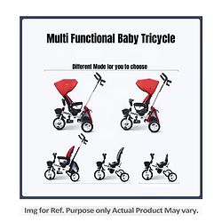 Babyhug Prodigy Plug & Play 7 in 1 Stroller Trike with Foldable Frame|360° Rotatable Seat|Rubber Wheels with Brakes|Parental Handle with Canopy|Storage Basket with Bell for Boys & Girls - Red