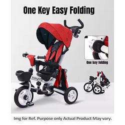 Babyhug Prodigy Plug & Play 7 in 1 Stroller Trike with Foldable Frame|360° Rotatable Seat|Rubber Wheels with Brakes|Parental Handle with Canopy|Storage Basket with Bell for Boys & Girls - Red