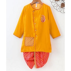 Babyhug Full Sleeves Kurta & Dhoti Swan Embroidery - Yellow Orange