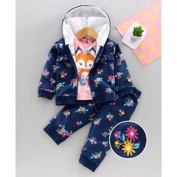 Babyhug Top Bottom & Hooded Jacket Floral Print - Pink Navy