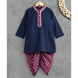 Babyhug Full Sleeves Kurta & Dhoti Floral Print - Navy Blue Violet