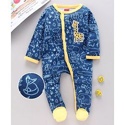 Babyhug Full Sleeves Footed Printed Sleepsuit Giraffe Patch - Blue