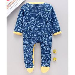 Babyhug Full Sleeves Footed Printed Sleepsuit Giraffe Patch - Blue