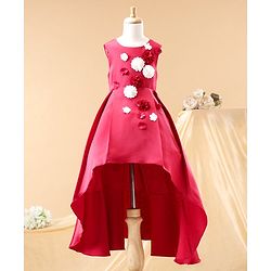 Babyhug Party Wear Sleeveless High Low Frock Floral Appliques - Red