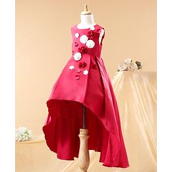 Babyhug Party Wear Sleeveless High Low Frock Floral Appliques - Red