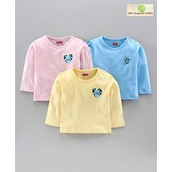 Babyhug Organic Cotton Full Sleeves Tee Heart Print Pack of 3 - Blue Pink Yellow