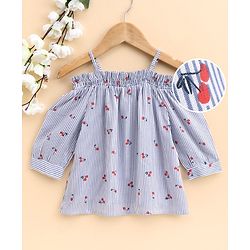 Babyhug Three Fourth Sleeves Off Shoulder Striped Top Cherry Print - Blue