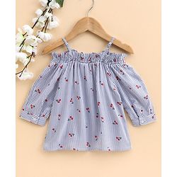 Babyhug Three Fourth Sleeves Off Shoulder Striped Top Cherry Print - Blue
