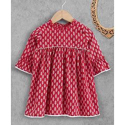 Babyhug Three Fourth Sleeves Ethnic Dress Leaves Print - Red