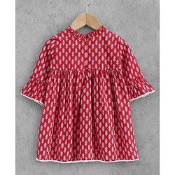 Babyhug Three Fourth Sleeves Ethnic Dress Leaves Print - Red