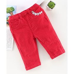 Babyhug Full Length Corduroy Pant Heart Embroidered - Red