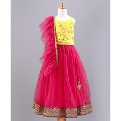 Babyhug Singlet Sleeves Choli with Lehenga & Dupatta Floral Sequin Embellishment - Yellow Pink