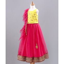 Babyhug Singlet Sleeves Choli with Lehenga & Dupatta Floral Sequin Embellishment - Yellow Pink