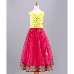 Babyhug Singlet Sleeves Choli with Lehenga & Dupatta Floral Sequin Embellishment - Yellow Pink