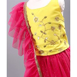 Babyhug Singlet Sleeves Choli with Lehenga & Dupatta Floral Sequin Embellishment - Yellow Pink
