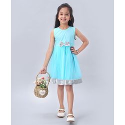 Babyhug Sleeveless Frock with Sequin Bow & Hem - Blue