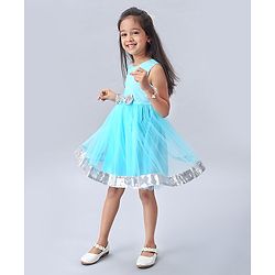 Babyhug Sleeveless Frock with Sequin Bow & Hem - Blue