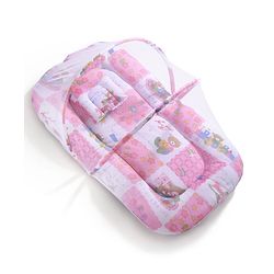 Babyhug Cotton Blend Mosquito Net With Mattress And Pillow Pink - Multi Print
